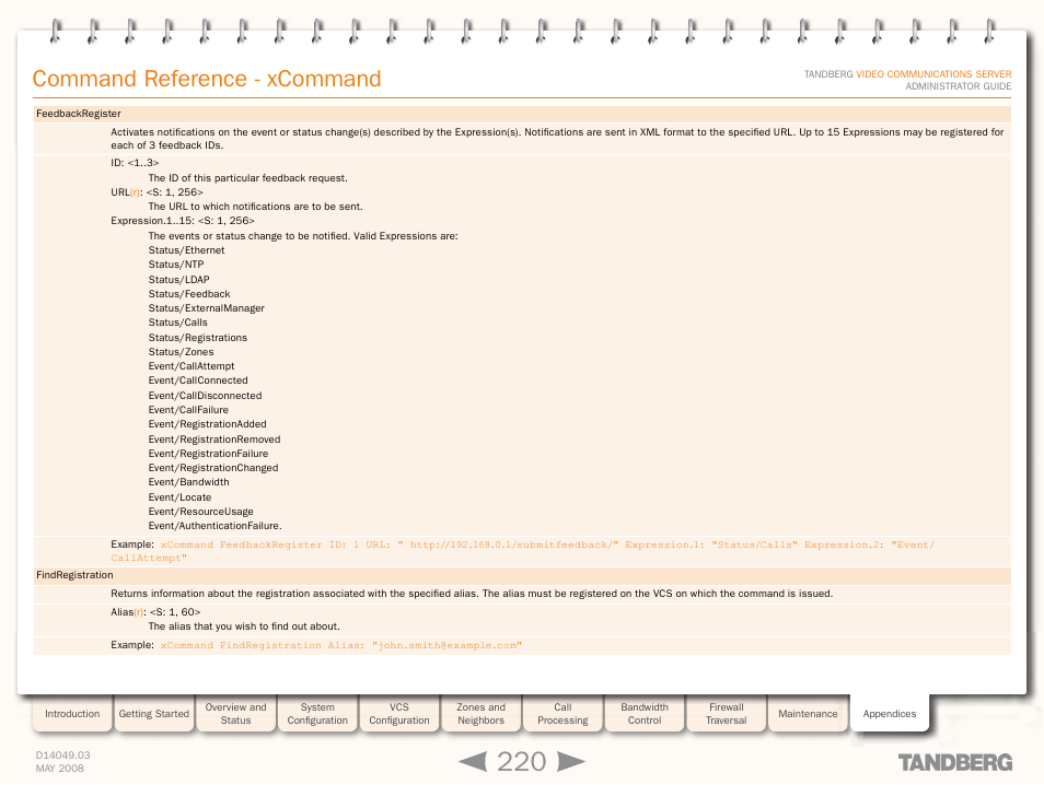 Command reference - xcommand | TANDBERG Security Camera User Manual | Page 220 / 247