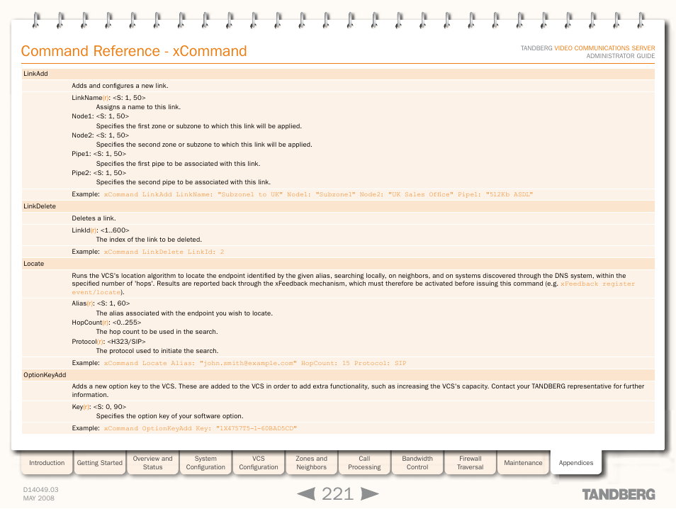 Xcommand locate, Xcommand linkad, Command reference - xcommand | TANDBERG Security Camera User Manual | Page 221 / 247