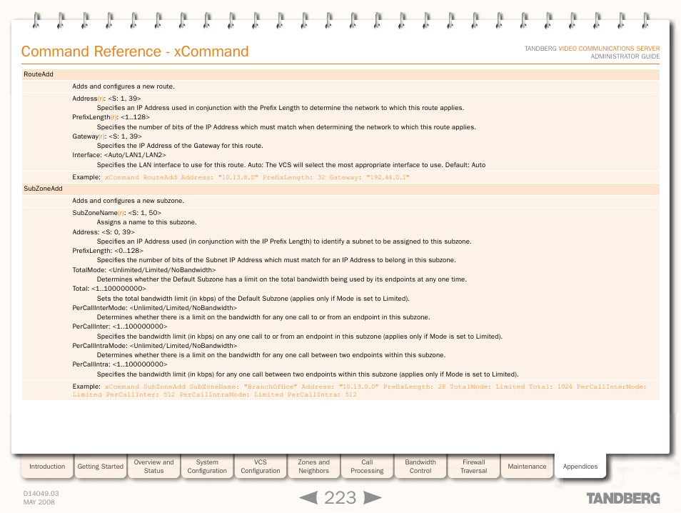 Xcommand routead, Xcommand subzonead, Command reference - xcommand | TANDBERG Security Camera User Manual | Page 223 / 247