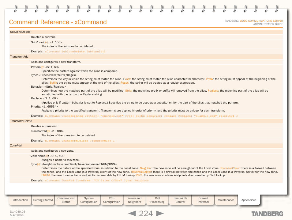 Xcommand zonead, Command reference - xcommand | TANDBERG Security Camera User Manual | Page 224 / 247