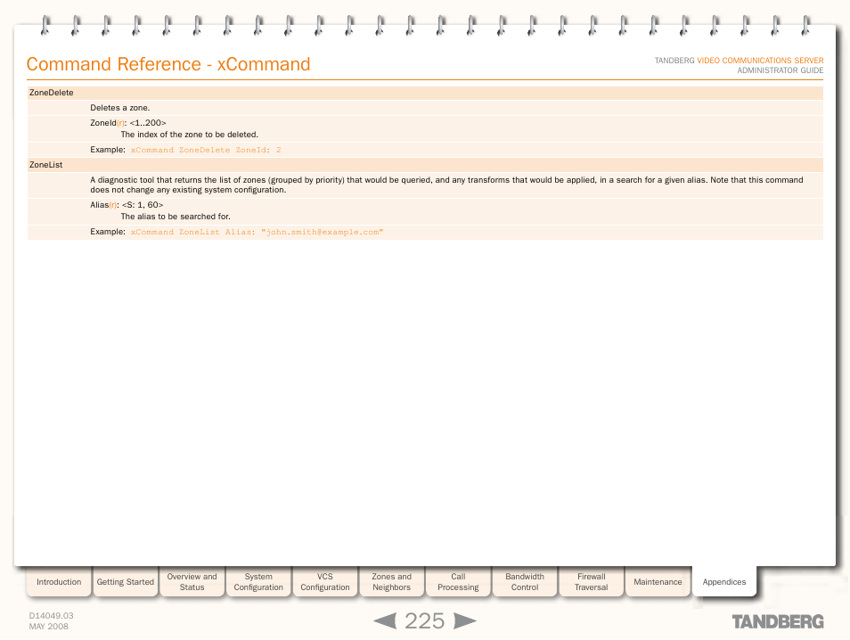 Command reference - xcommand | TANDBERG Security Camera User Manual | Page 225 / 247