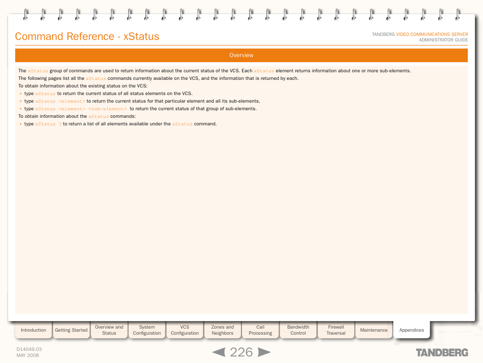 Command reference - xstatus, Xstatus, Xstatus command referenc | TANDBERG Security Camera User Manual | Page 226 / 247