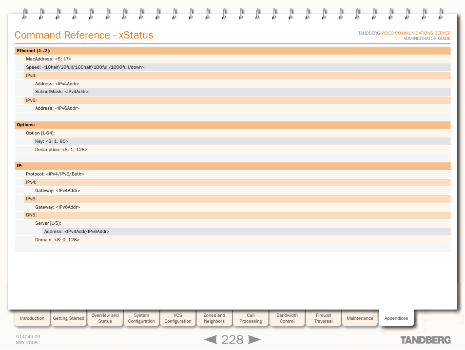 Xstatus option, Command reference - xstatus | TANDBERG Security Camera User Manual | Page 228 / 247