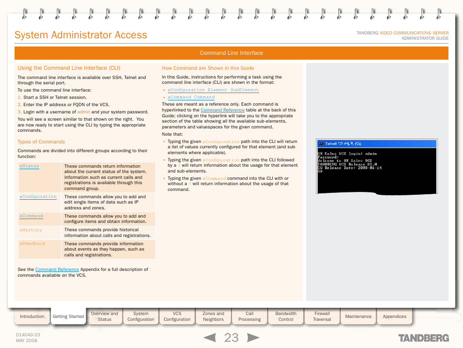 Command line interface, Using the command line interface (cli), Types of commands | How command are shown in this guide, System administrator access | TANDBERG Security Camera User Manual | Page 23 / 247