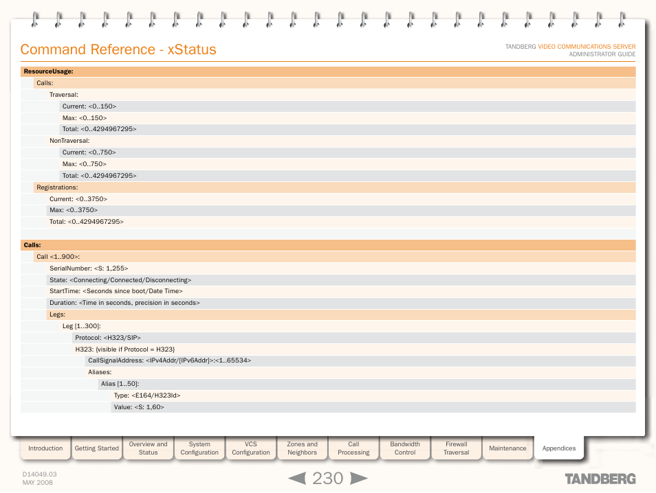 Xstatus call, Command reference - xstatus | TANDBERG Security Camera User Manual | Page 230 / 247