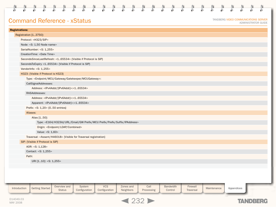 Command reference - xstatus | TANDBERG Security Camera User Manual | Page 232 / 247