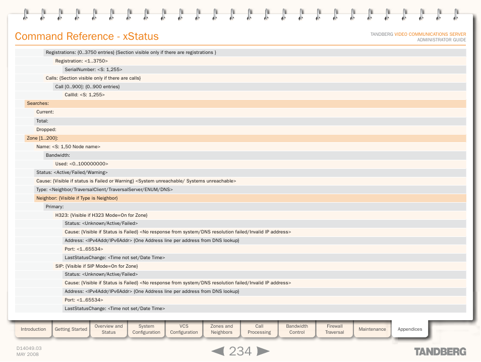 Command reference - xstatus | TANDBERG Security Camera User Manual | Page 234 / 247