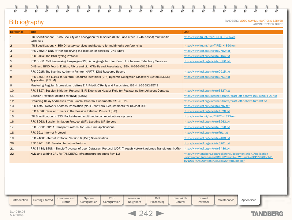 Bibliography, Rfc 3164 [4, Rfc 3327 [10 | Itu h.235 specification, E itu h.350 specification, Rfc 2915 [7, Rfc 3761 [8, Rfc 4028 [14, Rfc 4787 [13, Session traversal | TANDBERG Security Camera User Manual | Page 242 / 247