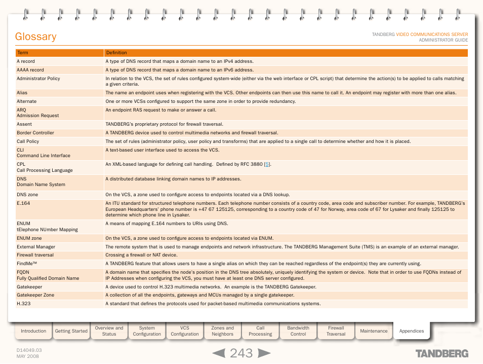 Glossary, Glossar | TANDBERG Security Camera User Manual | Page 243 / 247