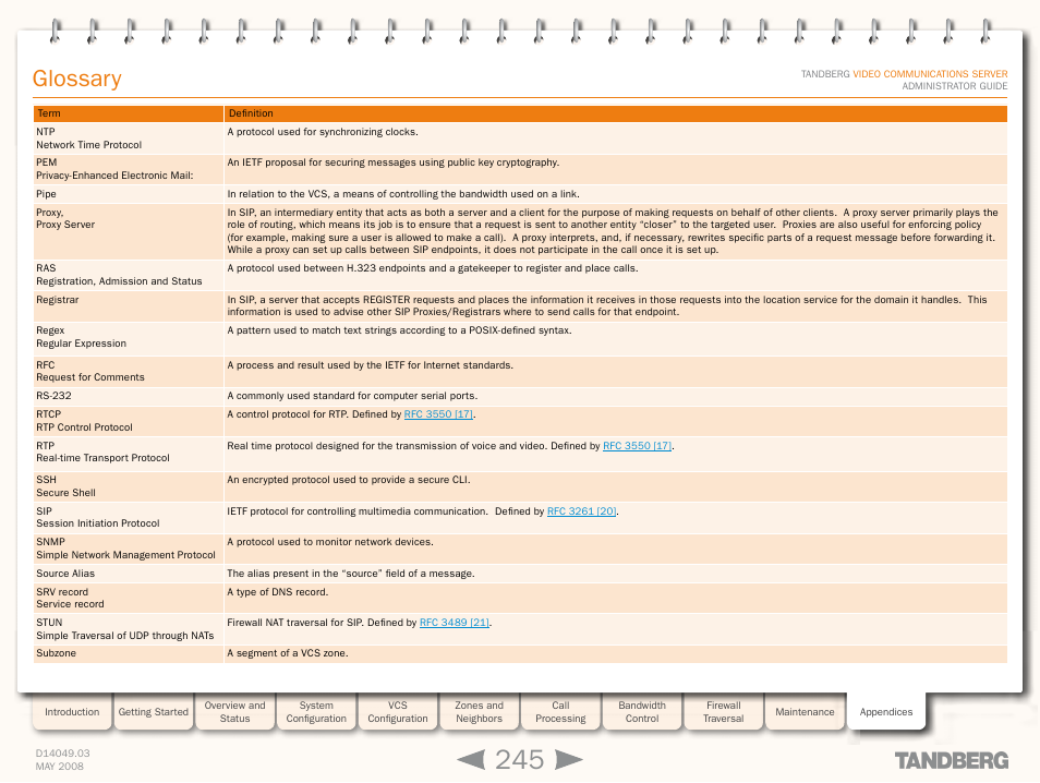 Glossary | TANDBERG Security Camera User Manual | Page 245 / 247