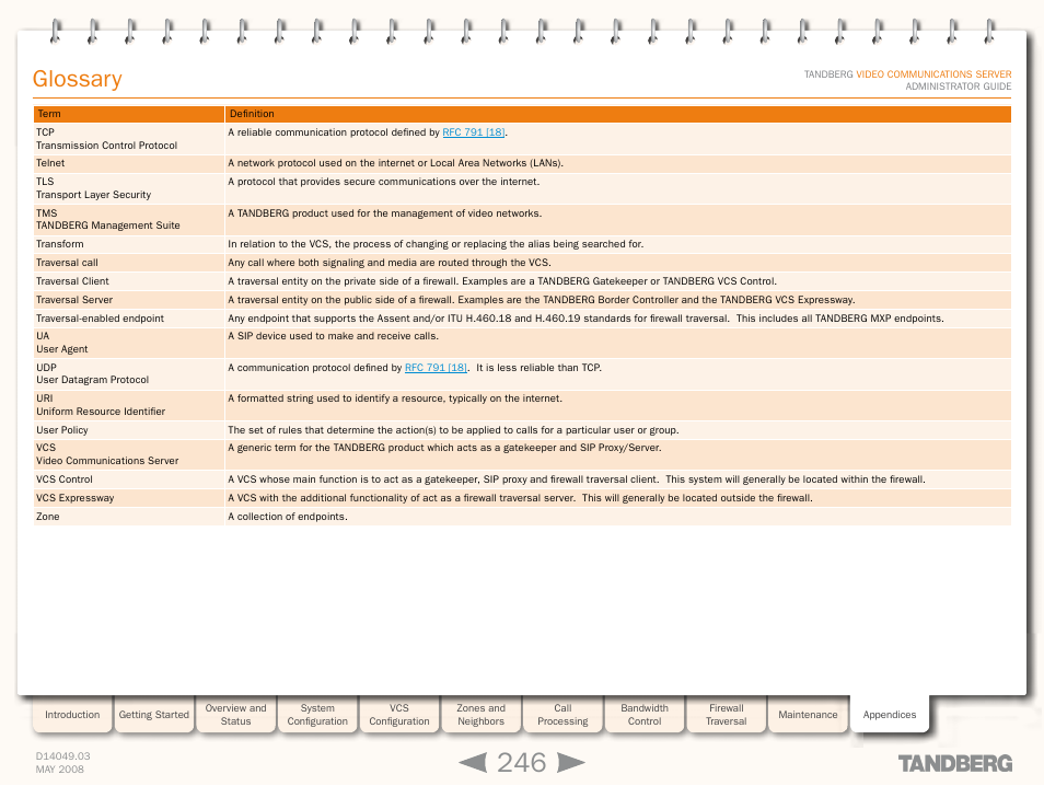 Glossary | TANDBERG Security Camera User Manual | Page 246 / 247