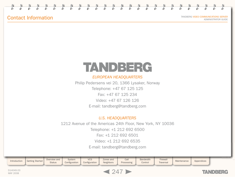 Contact information | TANDBERG Security Camera User Manual | Page 247 / 247