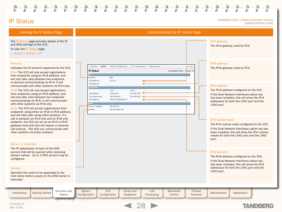 Ip status | TANDBERG Security Camera User Manual | Page 28 / 247