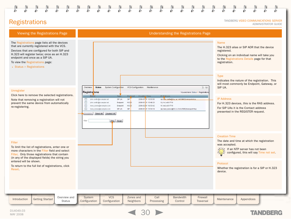 Registrations | TANDBERG Security Camera User Manual | Page 30 / 247