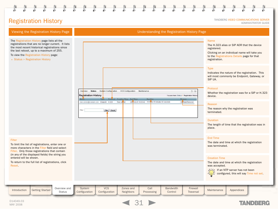 Registration history | TANDBERG Security Camera User Manual | Page 31 / 247