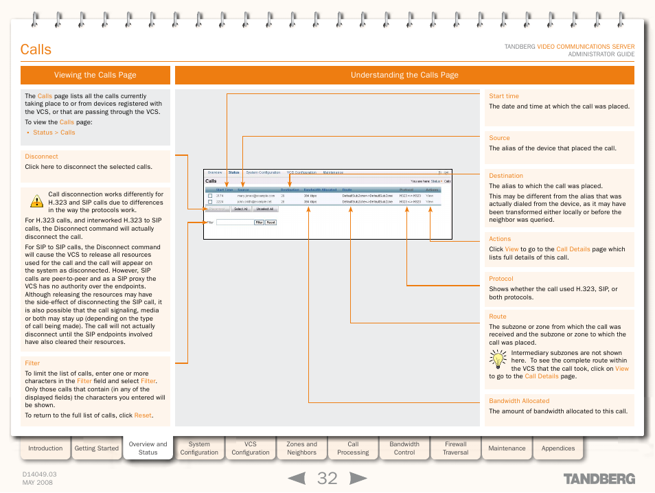 Calls | TANDBERG Security Camera User Manual | Page 32 / 247