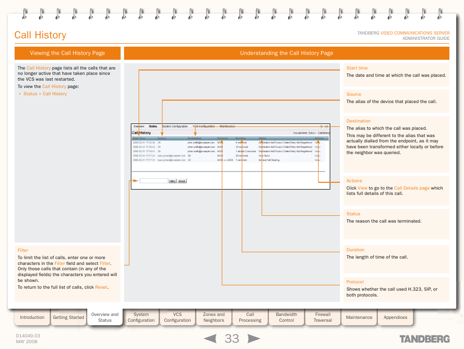 Call history | TANDBERG Security Camera User Manual | Page 33 / 247