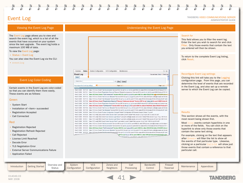 Event log, Event log color coding, Green | Green red | TANDBERG Security Camera User Manual | Page 41 / 247