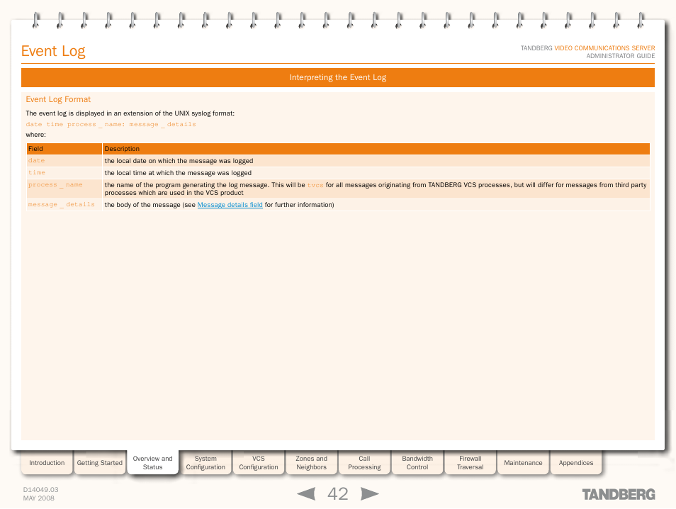 Interpreting the event log, Event log format, Event log | TANDBERG Security Camera User Manual | Page 42 / 247