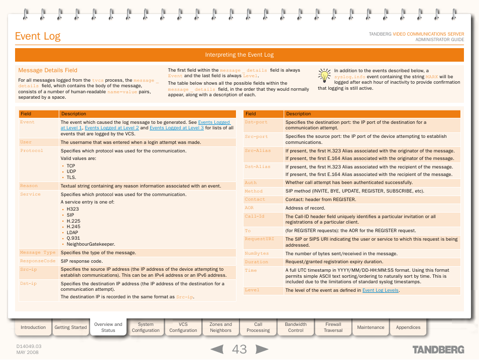 Message details field, Event log | TANDBERG Security Camera User Manual | Page 43 / 247