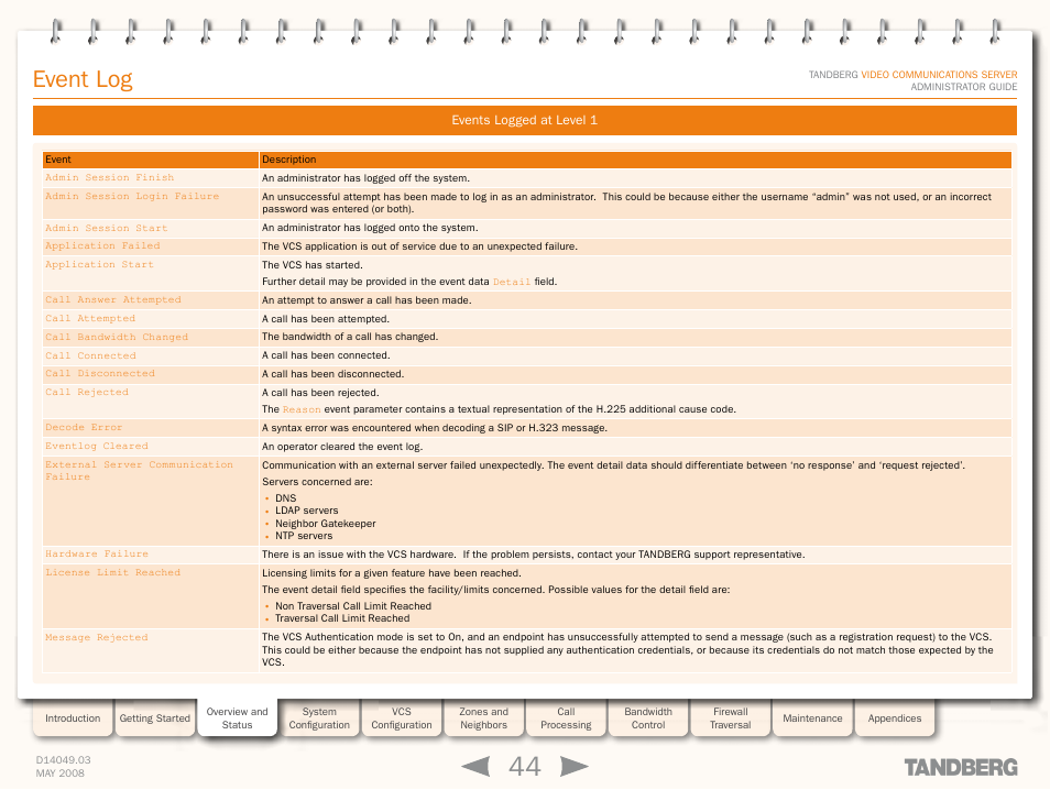 Events logged at level 1, Event log levels, Event log | TANDBERG Security Camera User Manual | Page 44 / 247