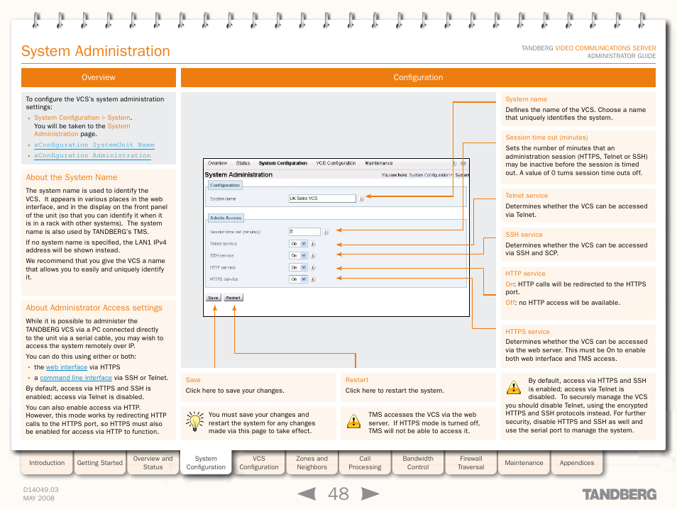 System administration, Overview, About the system name | About administrator access settings, Configuration, About the system, Name | TANDBERG Security Camera User Manual | Page 48 / 247