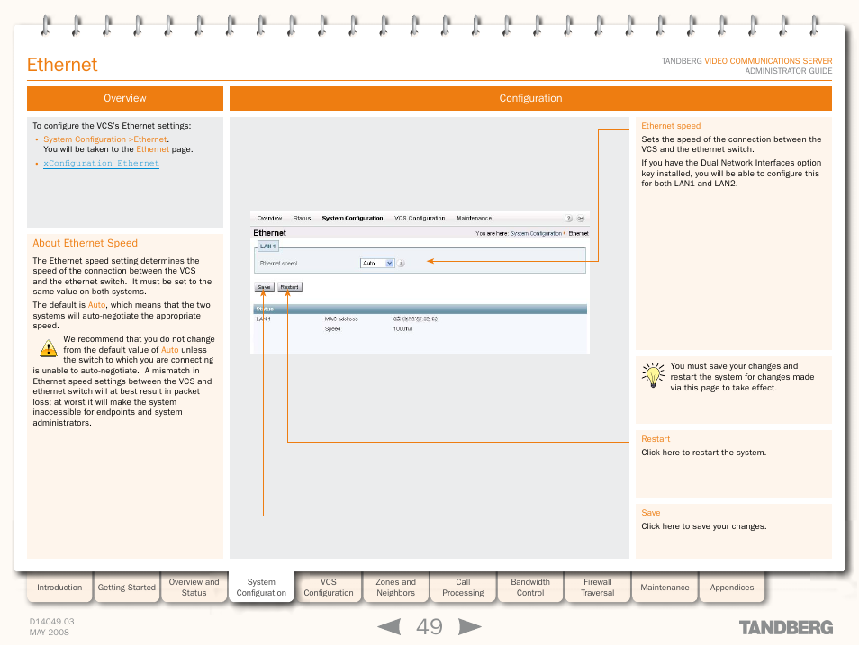 Ethernet, Overview, About ethernet speed | Configuration, Ethernet speed | TANDBERG Security Camera User Manual | Page 49 / 247