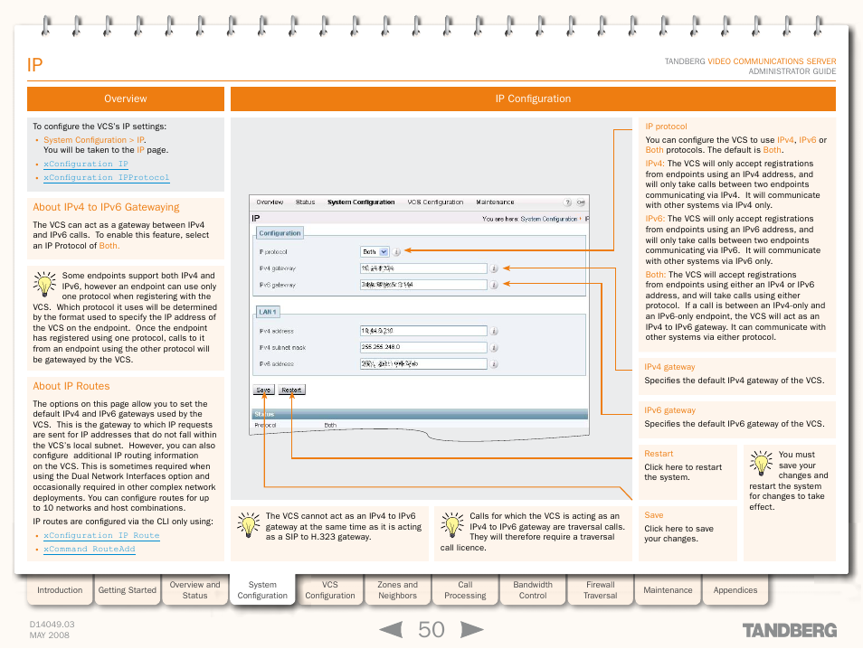 Overview, About ipv4 to ipv6 gatewaying, About ip routes | Ip configuration, About ipv4 to ipv6 gatewaying about ip routes | TANDBERG Security Camera User Manual | Page 50 / 247