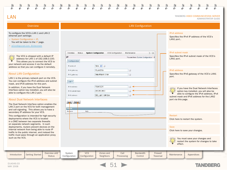 Overview, About lan configuration, About dual network interfaces | Lan configuration | TANDBERG Security Camera User Manual | Page 51 / 247