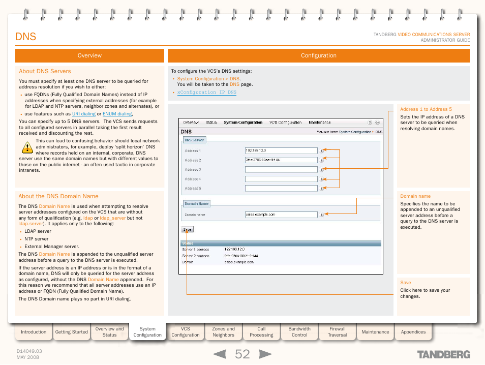 Overview, About dns servers, About the dns domain name | Configuration, About dns servers about the dns domain name | TANDBERG Security Camera User Manual | Page 52 / 247