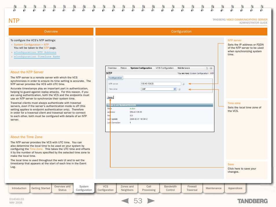 Overview, About the ntp server, About the time zone | Configuration, About the ntp server about the time zone | TANDBERG Security Camera User Manual | Page 53 / 247