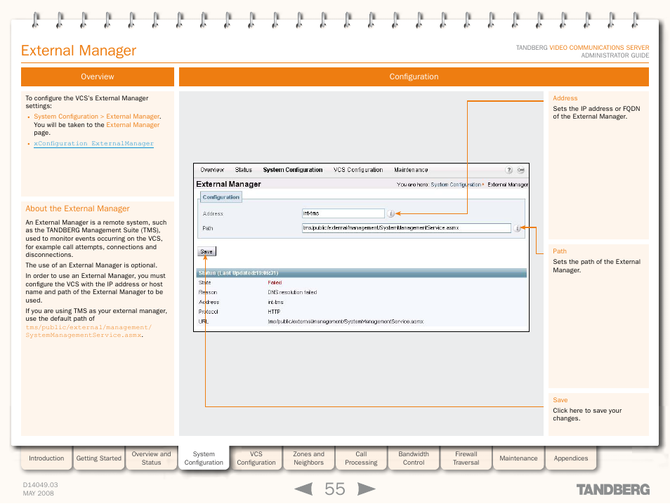 External manager, Overview, About the external manager | Configuration | TANDBERG Security Camera User Manual | Page 55 / 247