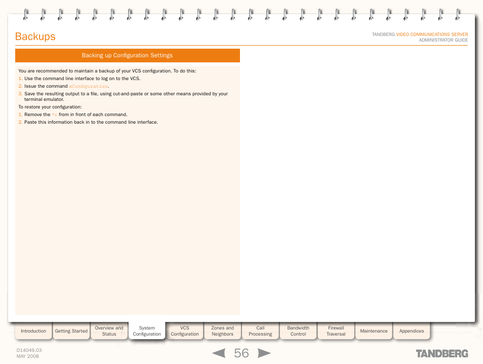 Backups, Backing up configuration settings | TANDBERG Security Camera User Manual | Page 56 / 247