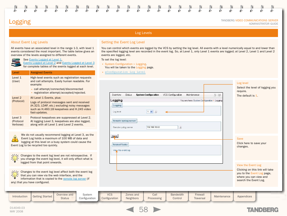 Log levels, About event log levels, Setting the event log level | About event log levels setting the event log level, Logging | TANDBERG Security Camera User Manual | Page 58 / 247