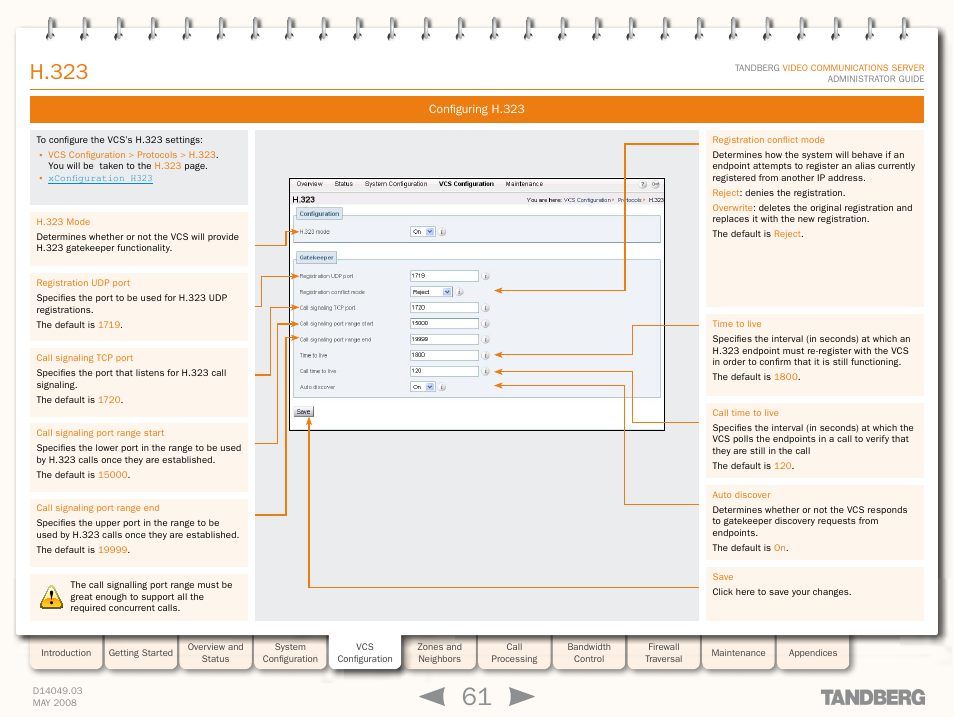 Configuring h.323, H.323 | TANDBERG Security Camera User Manual | Page 61 / 247