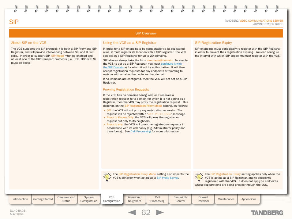 Sip overview, About sip on the vcs, Using the vcs as a sip registrar | Proxying registration requests, Sip registration expiry | TANDBERG Security Camera User Manual | Page 62 / 247