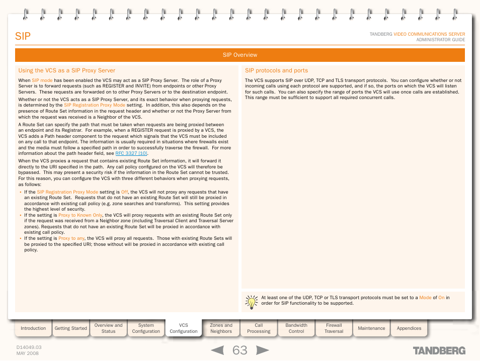 Using the vcs as a sip proxy server, Sip protocols and ports | TANDBERG Security Camera User Manual | Page 63 / 247