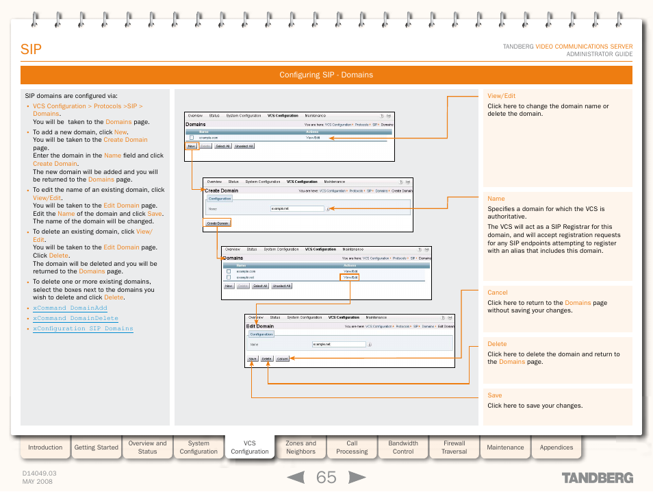 Configuring sip - domains, Configure it with, The sip domain | TANDBERG Security Camera User Manual | Page 65 / 247