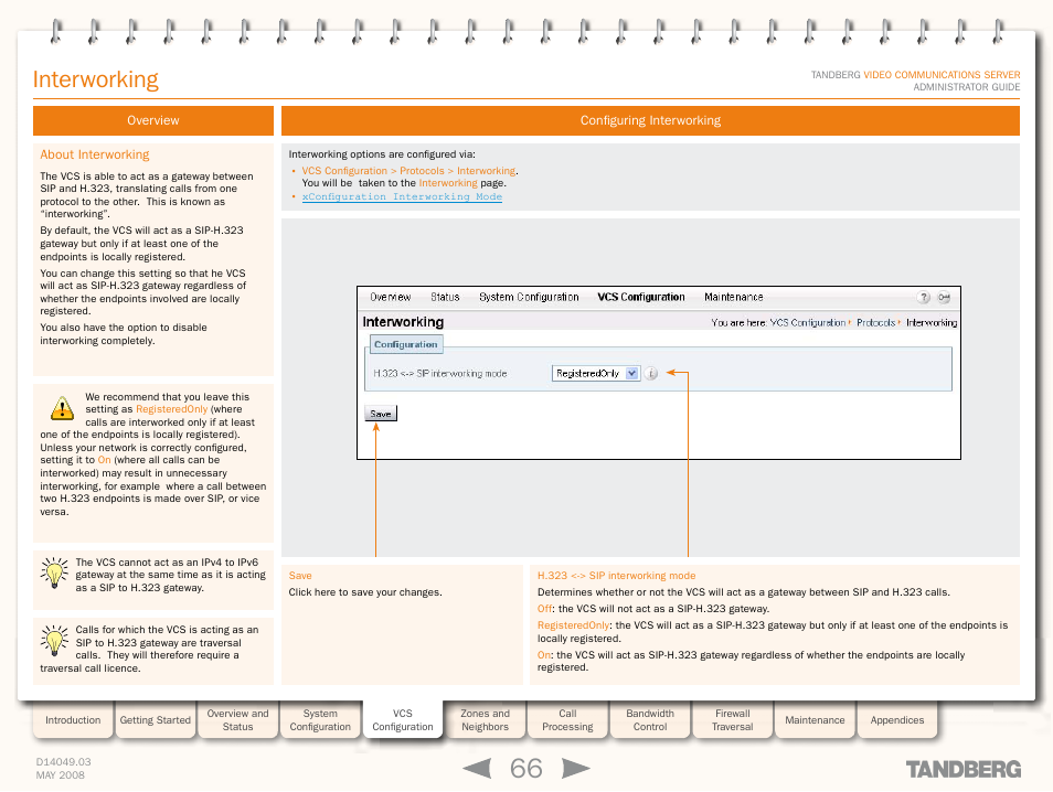 Interworking, Overview, About interworking | Configuring interworking | TANDBERG Security Camera User Manual | Page 66 / 247