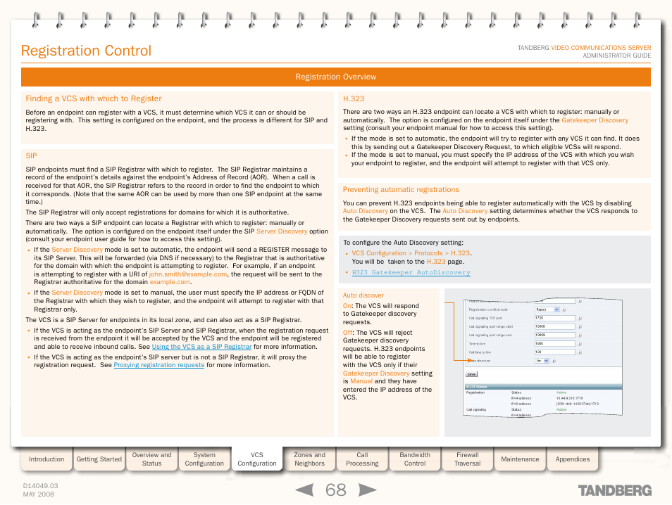 Finding a vcs with which to register, H.323, Preventing automatic registrations | Sip h.323 preventing automatic registrations, Registration control | TANDBERG Security Camera User Manual | Page 68 / 247