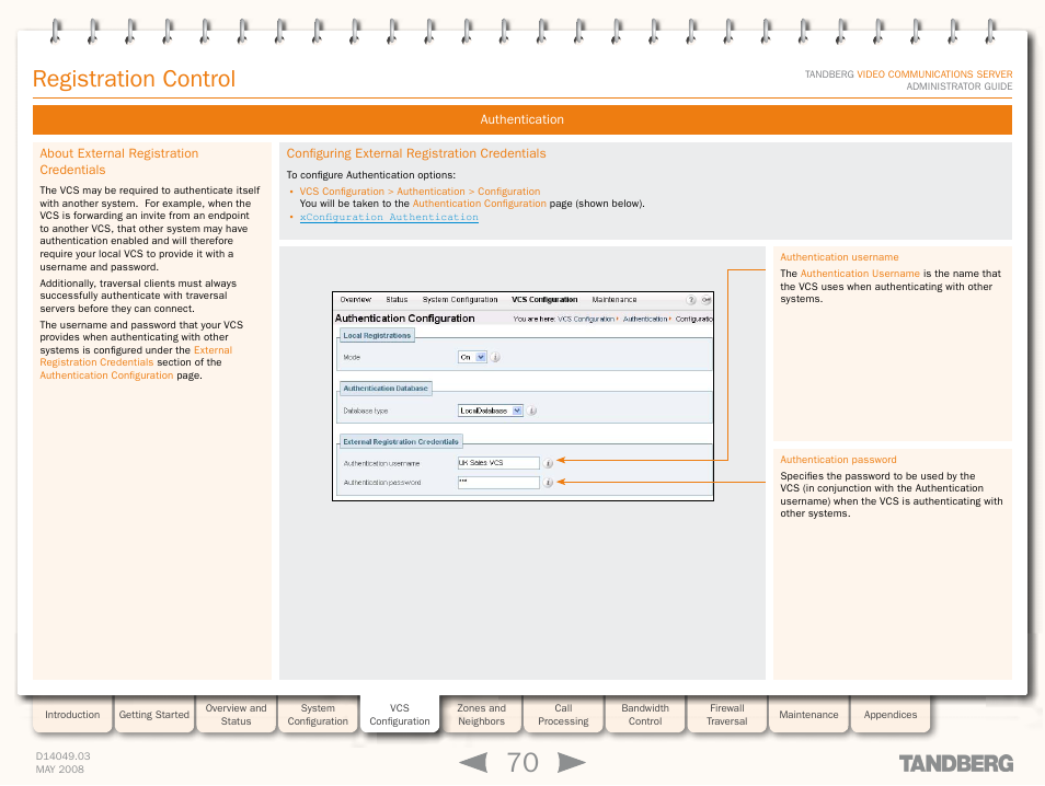 About external registration credentials, Configuring external registration credentials, Registration control | TANDBERG Security Camera User Manual | Page 70 / 247