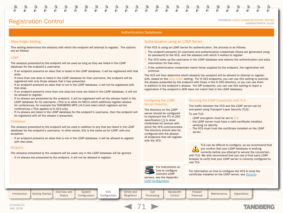 Authentication databases, Alias origin setting, Ldap | Combined, Endpoint, Authentication using an ldap server, Configuring the ldap server directory, Securing the ldap connection with tls, Ldap combined endpoint, Registration control | TANDBERG Security Camera User Manual | Page 71 / 247