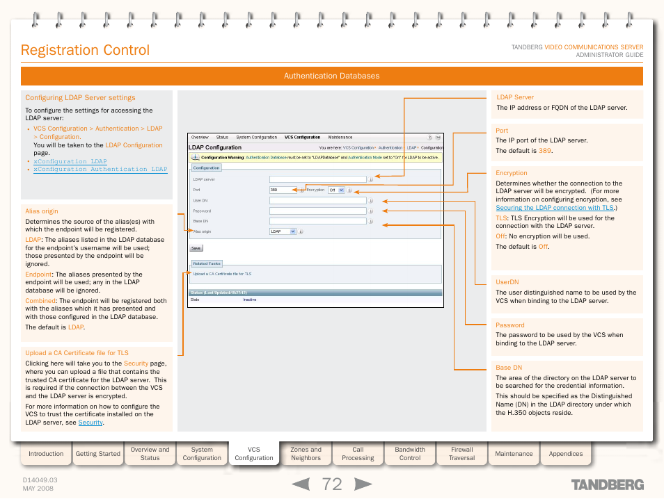 Configuring ldap server settings, Configure the ldap server, Registration control | TANDBERG Security Camera User Manual | Page 72 / 247