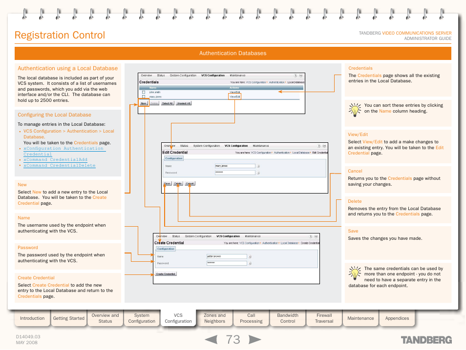 Authentication using a local database, Configuring the local database, Configure the local database | Registration control | TANDBERG Security Camera User Manual | Page 73 / 247