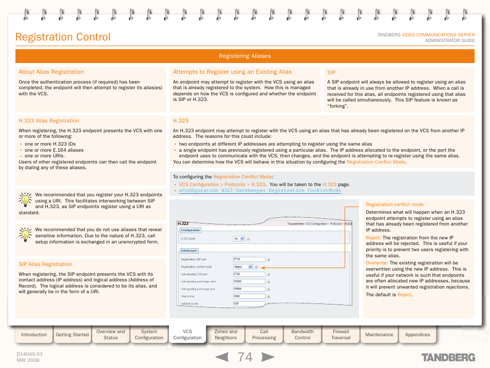 Registering aliases, About alias registration, H.323 alias registration | Sip alias registration, Attempts to register using an existing alias, H.323, H.323 alias registration sip alias registration, H.323 sip, Registration control | TANDBERG Security Camera User Manual | Page 74 / 247