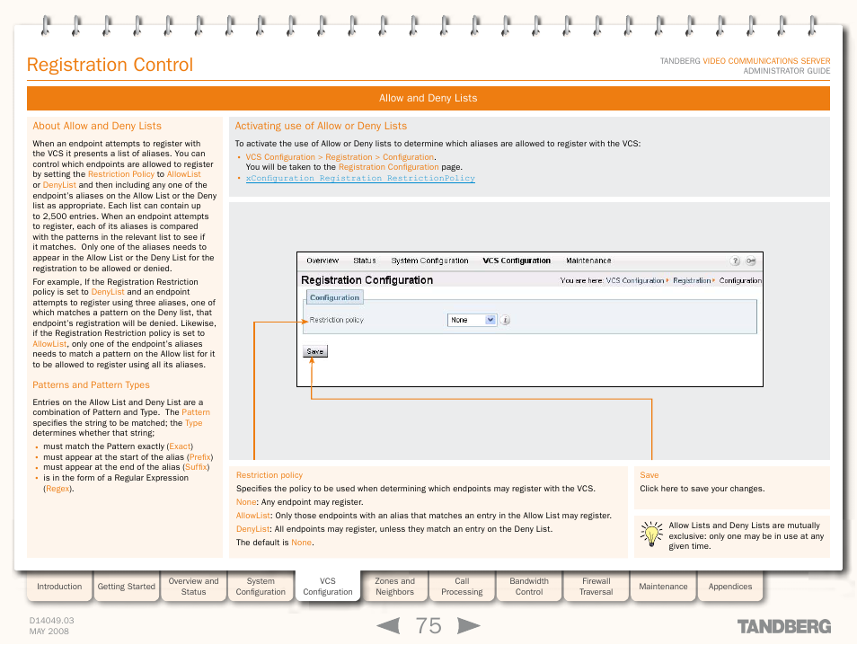 Allow and deny lists, About allow and deny lists, Patterns and pattern types | Activating use of allow or deny lists, Allow lists, Or deny lists, Registration control | TANDBERG Security Camera User Manual | Page 75 / 247