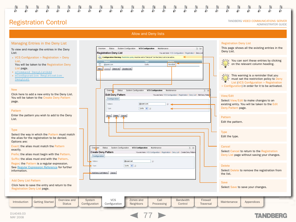 Managing entries in the deny list, Registration control | TANDBERG Security Camera User Manual | Page 77 / 247