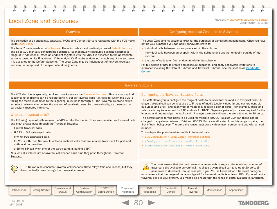 Local zone and subzones, Overview, Configuring the local zone and its subzones | Traversal subzone, What are traversal calls, Configuring the traversal subzone ports | TANDBERG Security Camera User Manual | Page 80 / 247