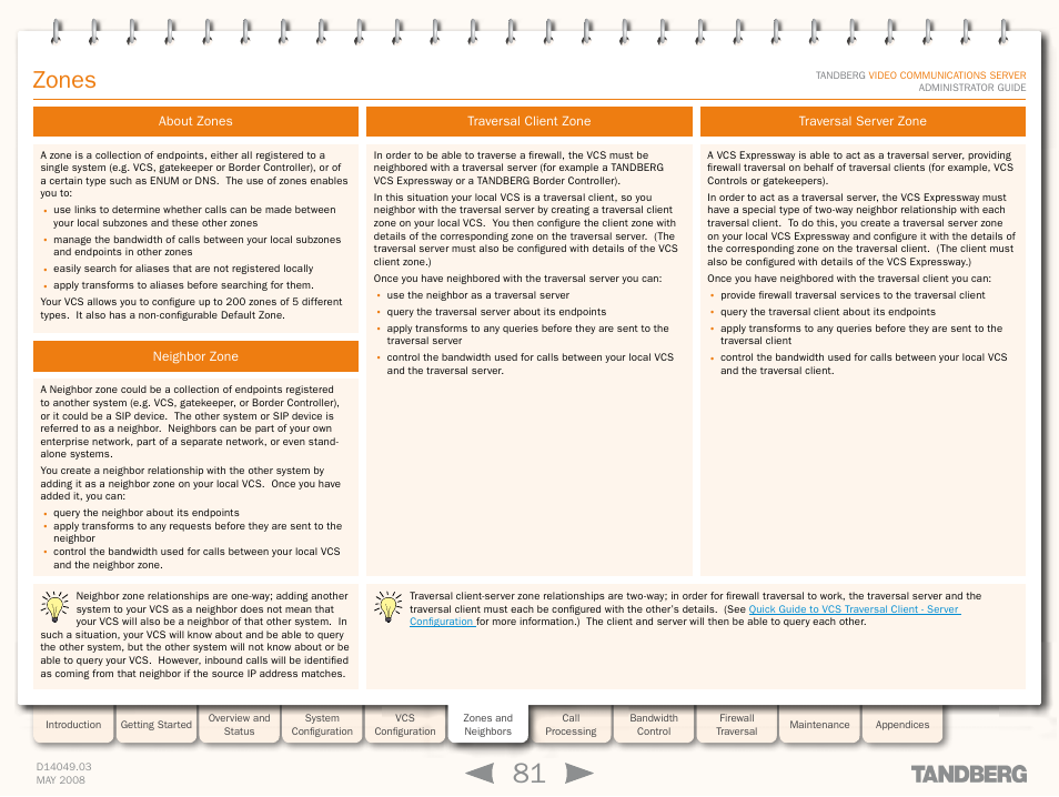 Zones, About zones, Neighbor zone | Traversal client zone, Traversal server zone, About zones neighbor zone traversal client zone | TANDBERG Security Camera User Manual | Page 81 / 247