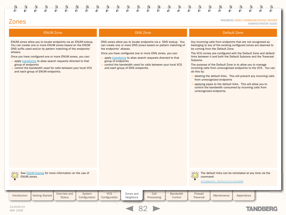 Enum zone, Dns zone, Default zone | Enum zone dns zone default zone, Zones | TANDBERG Security Camera User Manual | Page 82 / 247